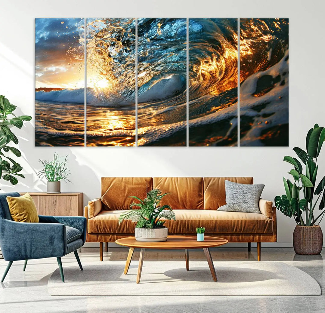 The living room is enhanced by the Ocean Wave at Sunset Canvas Wall Art, a captivating piece featuring vibrant coastal beach waves that elegantly capture sunlight reflecting on the water, making it perfect for surf lovers.