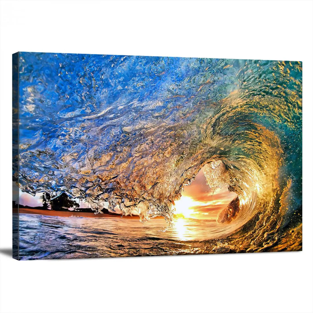 The Ocean Wave at Sunset Canvas Wall Art is a vibrant piece featuring coastal beach waves and a stunning sunset.