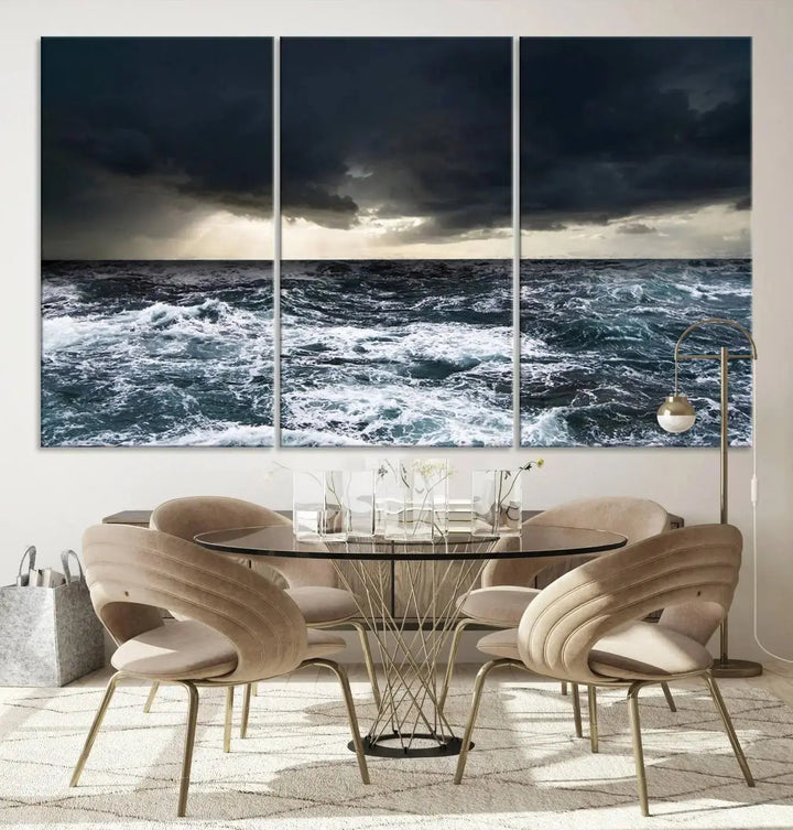 An Ocean and Storm Canvas Art Print, featuring a triptych of turbulent seas and skies on museum-quality canvas with UV-protective coating, is displayed above the living room. It enhances the space by bringing an effortlessly stylish touch.