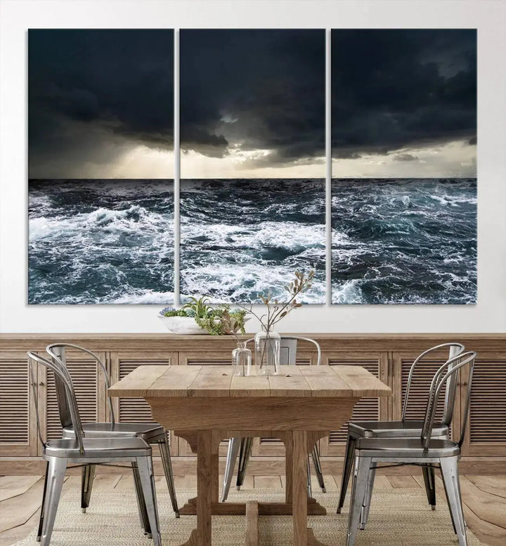 An Ocean and Storm Canvas Art Print, featuring a triptych of turbulent seas and skies on museum-quality canvas with UV-protective coating, is displayed above the living room. It enhances the space by bringing an effortlessly stylish touch.