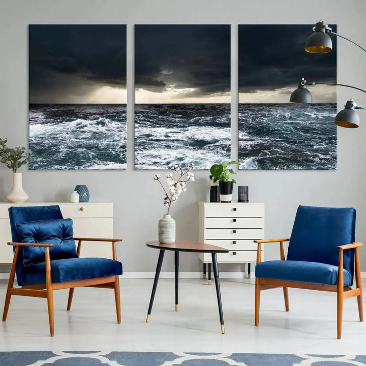 An Ocean and Storm Canvas Art Print, featuring a triptych of turbulent seas and skies on museum-quality canvas with UV-protective coating, is displayed above the living room. It enhances the space by bringing an effortlessly stylish touch.