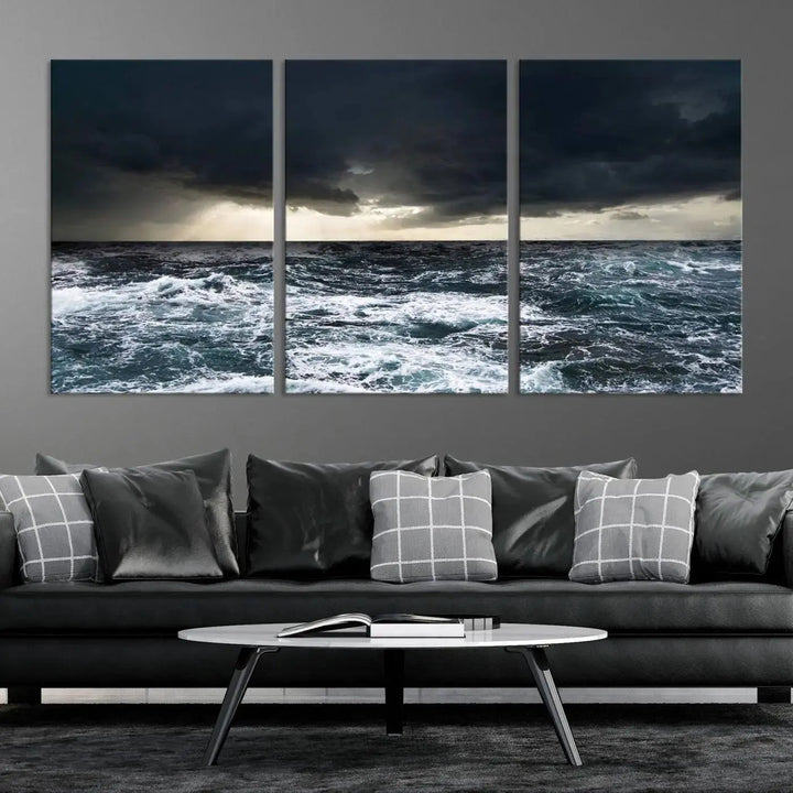 An Ocean and Storm Canvas Art Print, featuring a triptych of turbulent seas and skies on museum-quality canvas with UV-protective coating, is displayed above the living room. It enhances the space by bringing an effortlessly stylish touch.