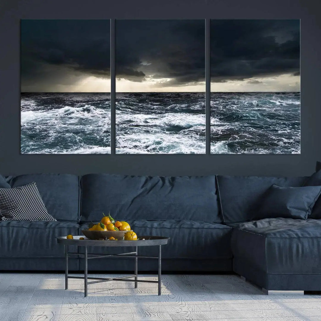 An Ocean and Storm Canvas Art Print, featuring a triptych of turbulent seas and skies on museum-quality canvas with UV-protective coating, is displayed above the living room. It enhances the space by bringing an effortlessly stylish touch.