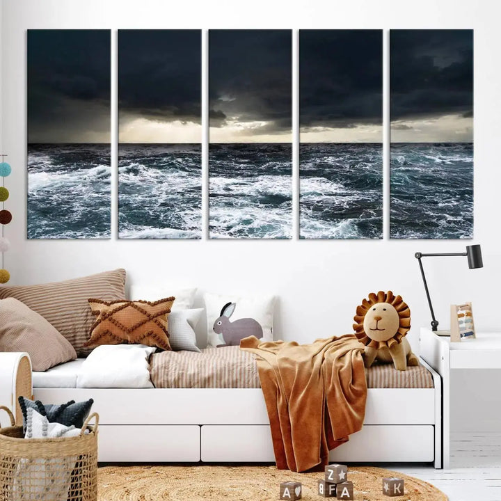 An Ocean and Storm Canvas Art Print, featuring a triptych of turbulent seas and skies on museum-quality canvas with UV-protective coating, is displayed above the living room. It enhances the space by bringing an effortlessly stylish touch.