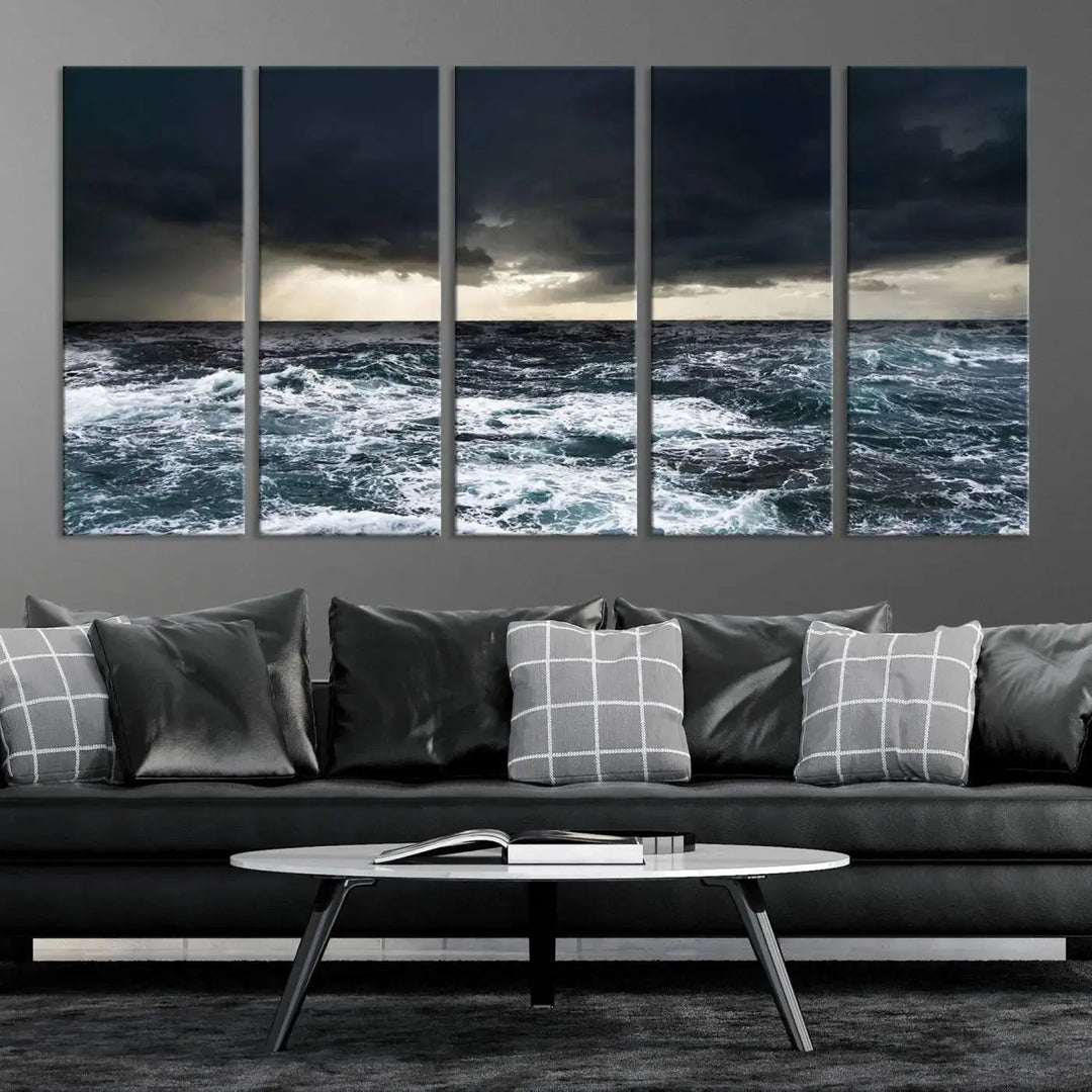 An Ocean and Storm Canvas Art Print, featuring a triptych of turbulent seas and skies on museum-quality canvas with UV-protective coating, is displayed above the living room. It enhances the space by bringing an effortlessly stylish touch.