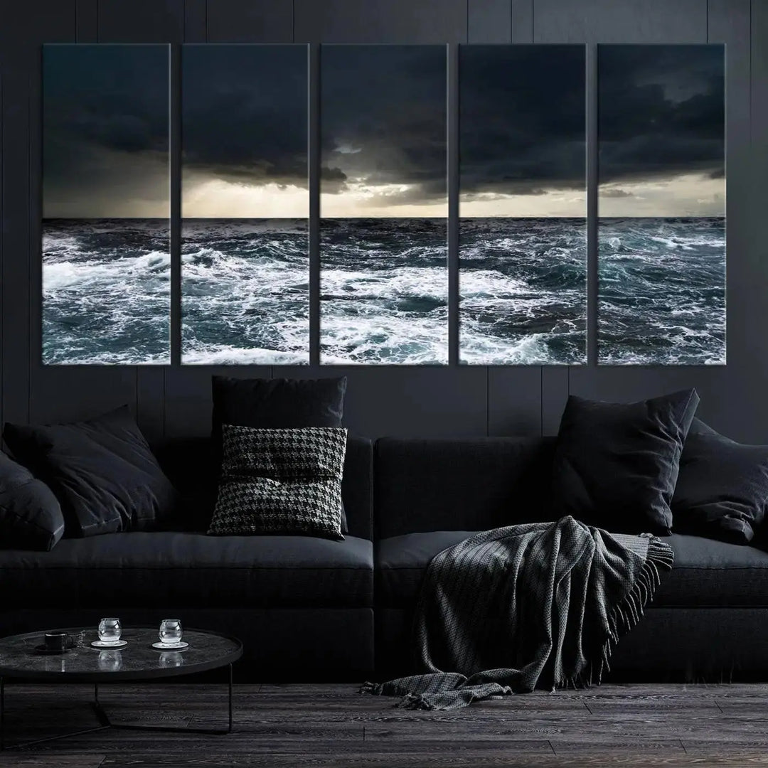 An Ocean and Storm Canvas Art Print, featuring a triptych of turbulent seas and skies on museum-quality canvas with UV-protective coating, is displayed above the living room. It enhances the space by bringing an effortlessly stylish touch.