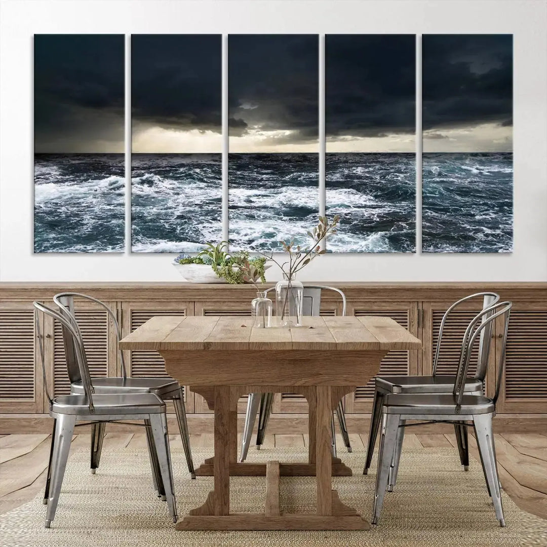 An Ocean and Storm Canvas Art Print, featuring a triptych of turbulent seas and skies on museum-quality canvas with UV-protective coating, is displayed above the living room. It enhances the space by bringing an effortlessly stylish touch.