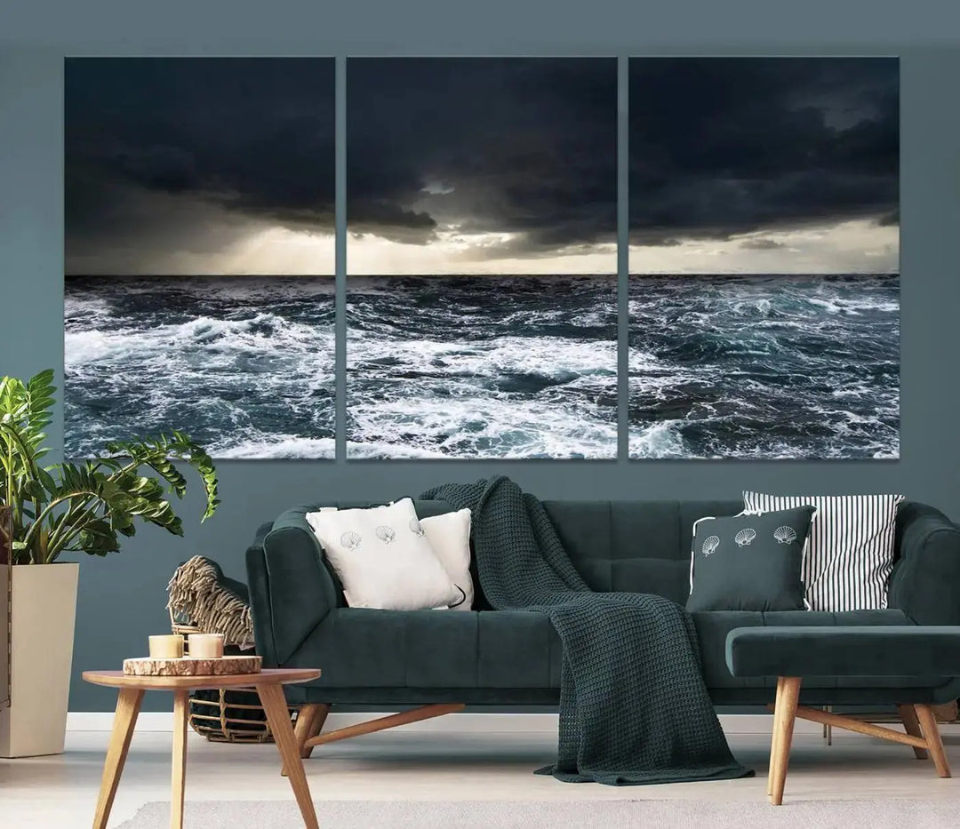 An Ocean and Storm Canvas Art Print, featuring a triptych of turbulent seas and skies on museum-quality canvas with UV-protective coating, is displayed above the living room. It enhances the space by bringing an effortlessly stylish touch.