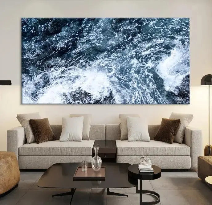 The "Ocean and White Bubbles Wall Art Canvas Print" is crafted on museum-quality canvas with a UV-protective coating. Ready to hang, this piece effortlessly combines style with durability.