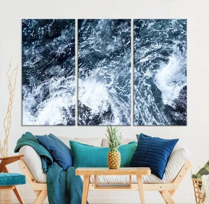 The "Ocean and White Bubbles Wall Art Canvas Print" is crafted on museum-quality canvas with a UV-protective coating. Ready to hang, this piece effortlessly combines style with durability.