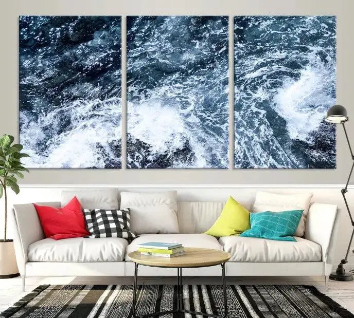 The "Ocean and White Bubbles Wall Art Canvas Print" is crafted on museum-quality canvas with a UV-protective coating. Ready to hang, this piece effortlessly combines style with durability.