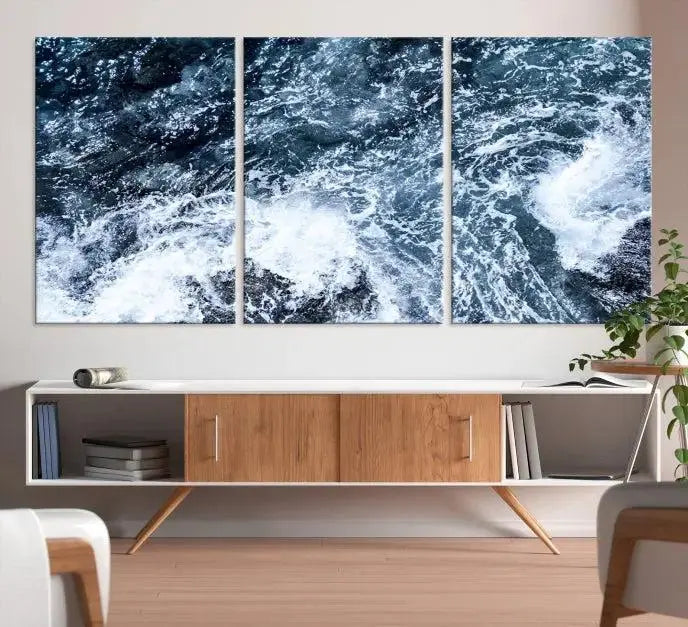 The "Ocean and White Bubbles Wall Art Canvas Print" is crafted on museum-quality canvas with a UV-protective coating. Ready to hang, this piece effortlessly combines style with durability.