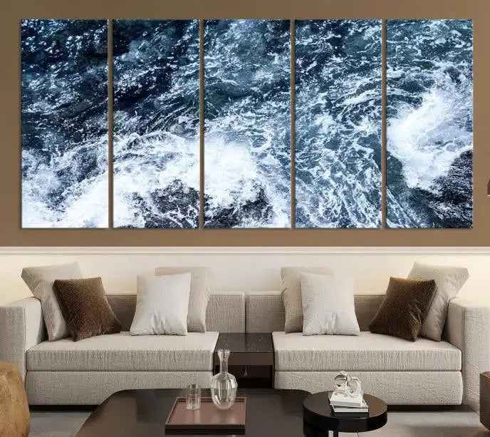 The "Ocean and White Bubbles Wall Art Canvas Print" is crafted on museum-quality canvas with a UV-protective coating. Ready to hang, this piece effortlessly combines style with durability.