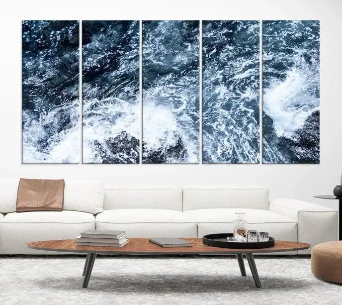 The "Ocean and White Bubbles Wall Art Canvas Print" is crafted on museum-quality canvas with a UV-protective coating. Ready to hang, this piece effortlessly combines style with durability.