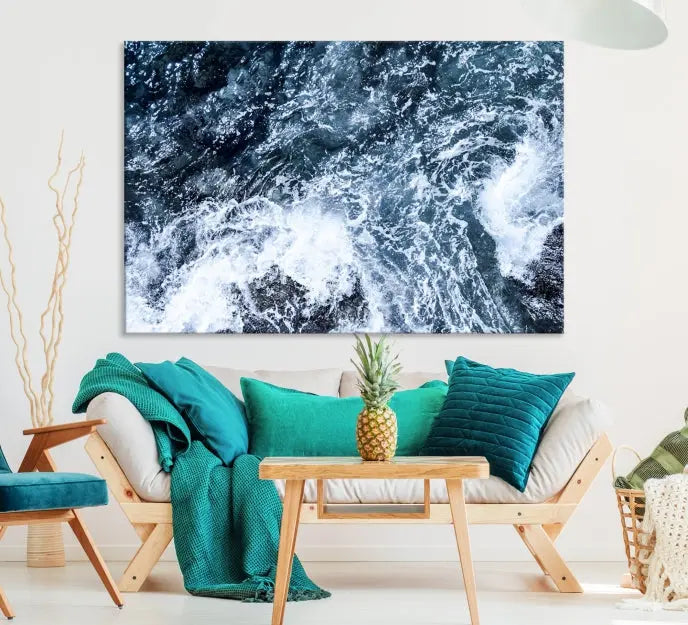 The "Ocean and White Bubbles Wall Art Canvas Print" is crafted on museum-quality canvas with a UV-protective coating. Ready to hang, this piece effortlessly combines style with durability.