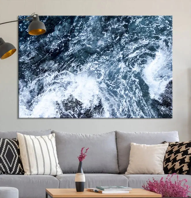 The "Ocean and White Bubbles Wall Art Canvas Print" is crafted on museum-quality canvas with a UV-protective coating. Ready to hang, this piece effortlessly combines style with durability.