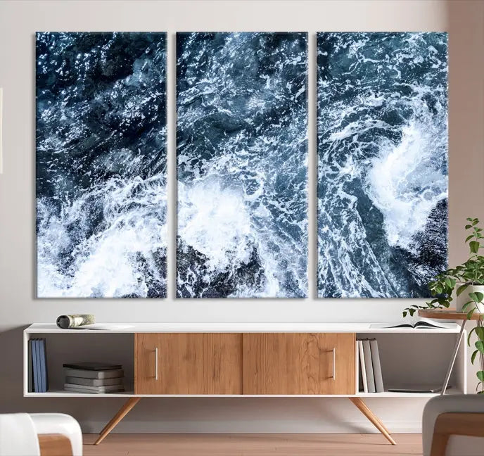 The "Ocean and White Bubbles Wall Art Canvas Print" is crafted on museum-quality canvas with a UV-protective coating. Ready to hang, this piece effortlessly combines style with durability.