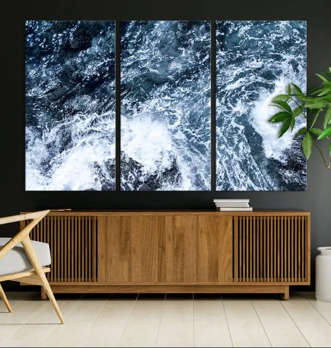 The "Ocean and White Bubbles Wall Art Canvas Print" is crafted on museum-quality canvas with a UV-protective coating. Ready to hang, this piece effortlessly combines style with durability.