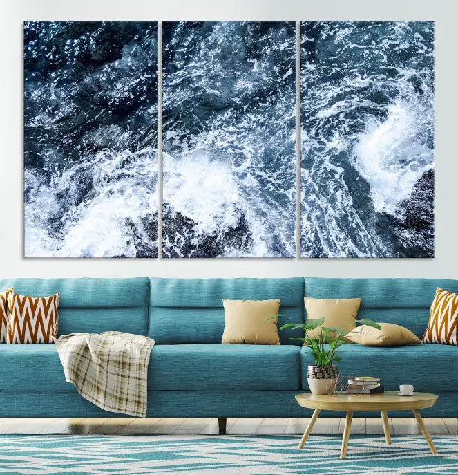 The "Ocean and White Bubbles Wall Art Canvas Print" is crafted on museum-quality canvas with a UV-protective coating. Ready to hang, this piece effortlessly combines style with durability.