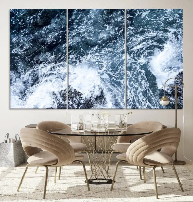 The "Ocean and White Bubbles Wall Art Canvas Print" is crafted on museum-quality canvas with a UV-protective coating. Ready to hang, this piece effortlessly combines style with durability.