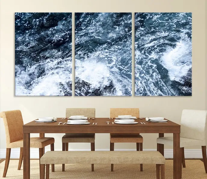 The "Ocean and White Bubbles Wall Art Canvas Print" is crafted on museum-quality canvas with a UV-protective coating. Ready to hang, this piece effortlessly combines style with durability.