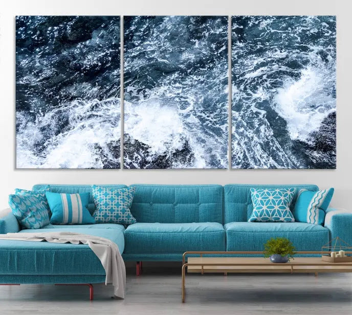 The "Ocean and White Bubbles Wall Art Canvas Print" is crafted on museum-quality canvas with a UV-protective coating. Ready to hang, this piece effortlessly combines style with durability.