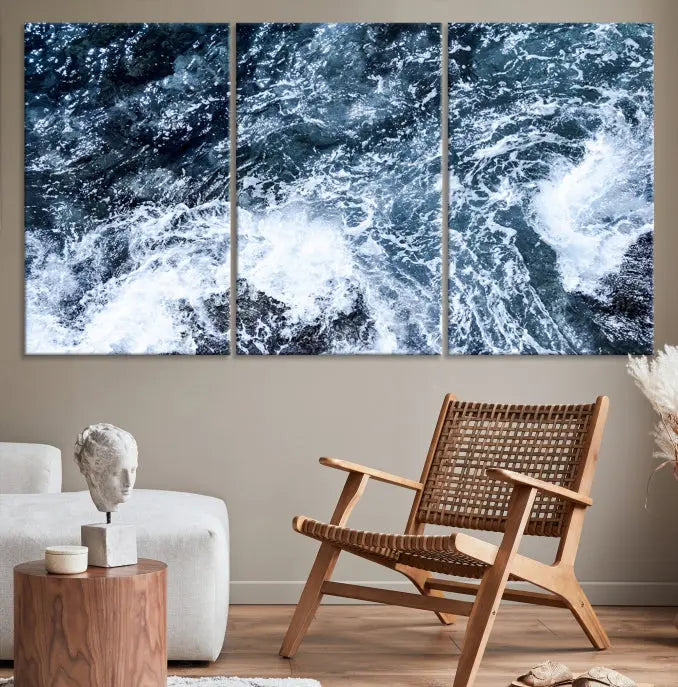 The "Ocean and White Bubbles Wall Art Canvas Print" is crafted on museum-quality canvas with a UV-protective coating. Ready to hang, this piece effortlessly combines style with durability.