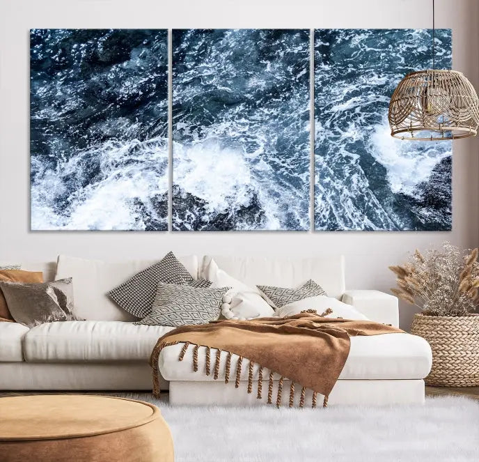 The "Ocean and White Bubbles Wall Art Canvas Print" is crafted on museum-quality canvas with a UV-protective coating. Ready to hang, this piece effortlessly combines style with durability.