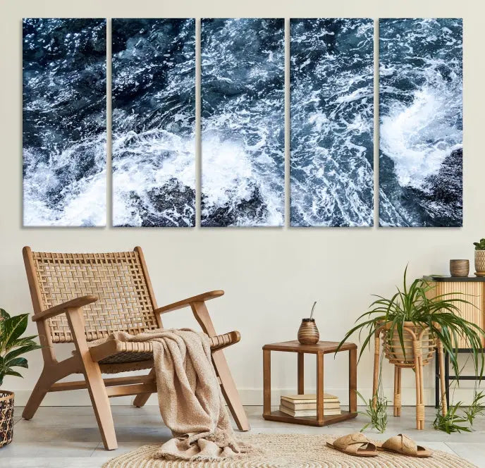 The "Ocean and White Bubbles Wall Art Canvas Print" is crafted on museum-quality canvas with a UV-protective coating. Ready to hang, this piece effortlessly combines style with durability.