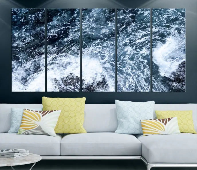 The "Ocean and White Bubbles Wall Art Canvas Print" is crafted on museum-quality canvas with a UV-protective coating. Ready to hang, this piece effortlessly combines style with durability.