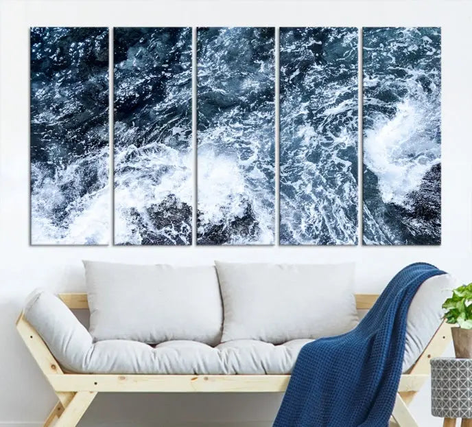 The "Ocean and White Bubbles Wall Art Canvas Print" is crafted on museum-quality canvas with a UV-protective coating. Ready to hang, this piece effortlessly combines style with durability.