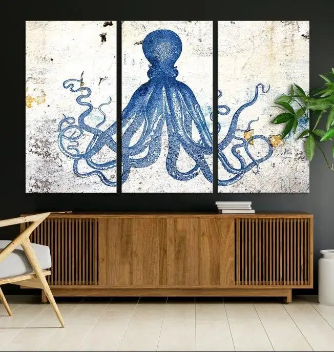 Octopus Canvas Wall Art | Coastal Marine Life Artwork for Living Room, Bedroom, or Office | Ready-to-Hang Nautical Wall Decor