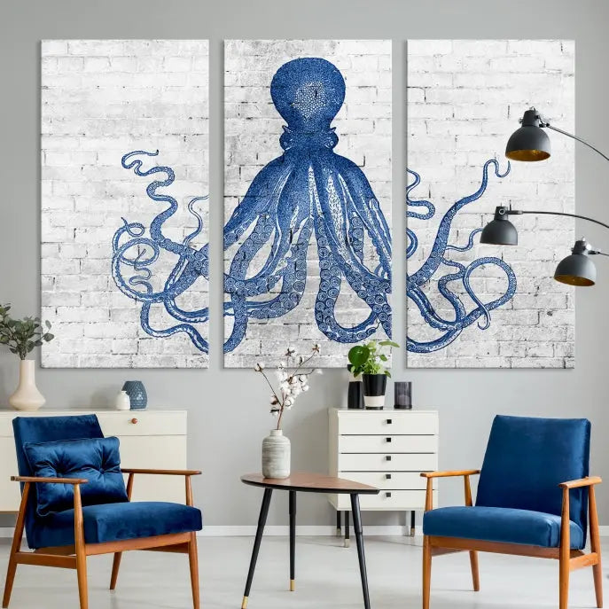 Living room showcasing the "Octopus with Brick Wall Background Abstract Wall Art Canvas Print" on gallery-wrapped canvas against a white brick wall with UV-protective coating for lasting vibrancy.