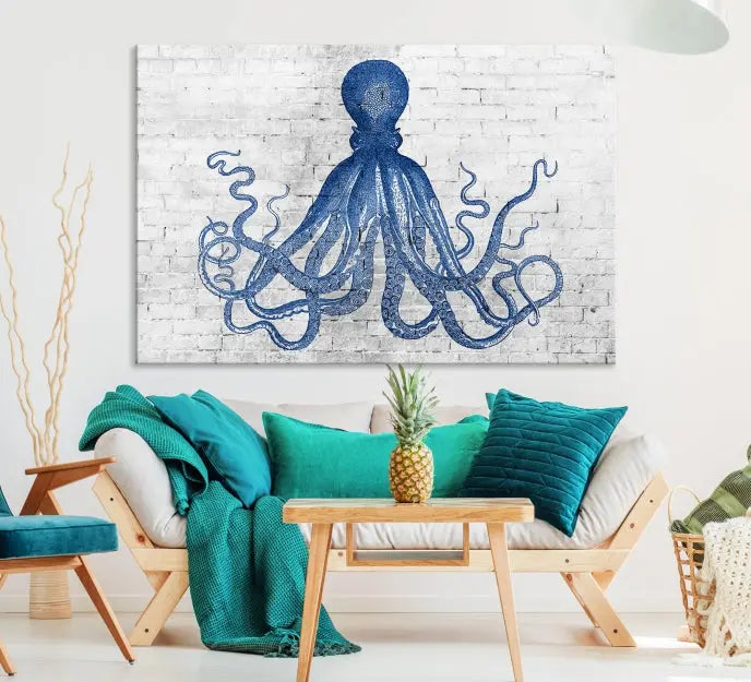 Living room showcasing the "Octopus with Brick Wall Background Abstract Wall Art Canvas Print" on gallery-wrapped canvas against a white brick wall with UV-protective coating for lasting vibrancy.