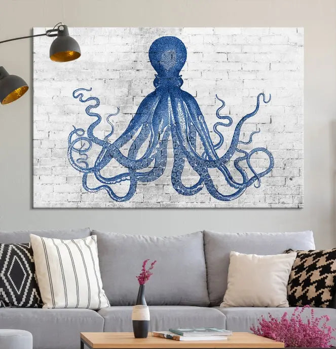 Living room showcasing the "Octopus with Brick Wall Background Abstract Wall Art Canvas Print" on gallery-wrapped canvas against a white brick wall with UV-protective coating for lasting vibrancy.