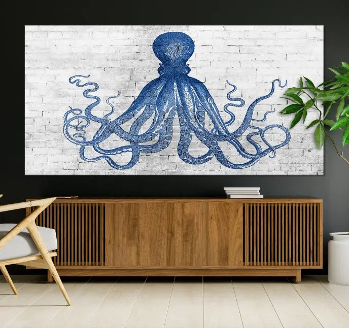 Living room showcasing the "Octopus with Brick Wall Background Abstract Wall Art Canvas Print" on gallery-wrapped canvas against a white brick wall with UV-protective coating for lasting vibrancy.