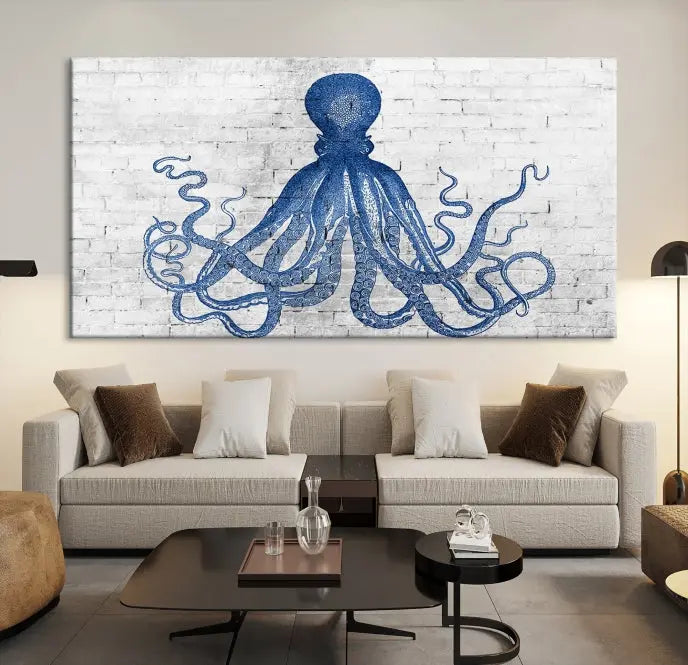 Living room showcasing the "Octopus with Brick Wall Background Abstract Wall Art Canvas Print" on gallery-wrapped canvas against a white brick wall with UV-protective coating for lasting vibrancy.