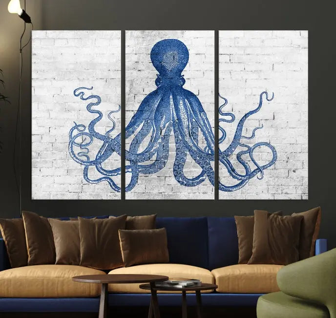 Living room showcasing the "Octopus with Brick Wall Background Abstract Wall Art Canvas Print" on gallery-wrapped canvas against a white brick wall with UV-protective coating for lasting vibrancy.