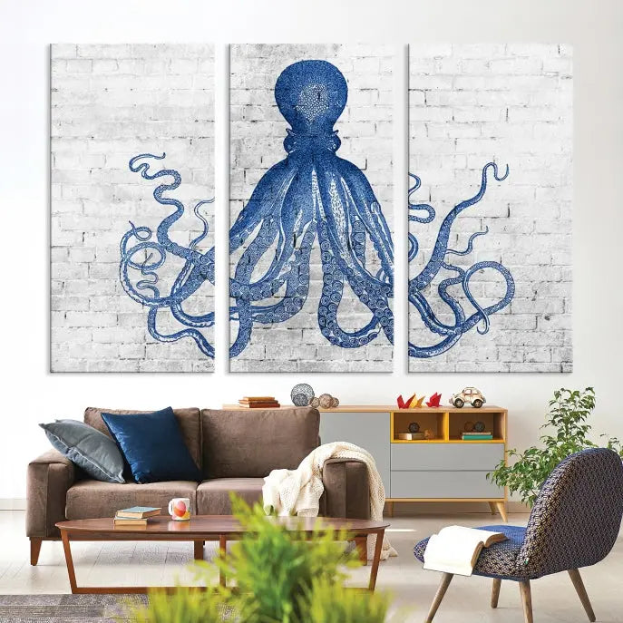 Living room showcasing the "Octopus with Brick Wall Background Abstract Wall Art Canvas Print" on gallery-wrapped canvas against a white brick wall with UV-protective coating for lasting vibrancy.