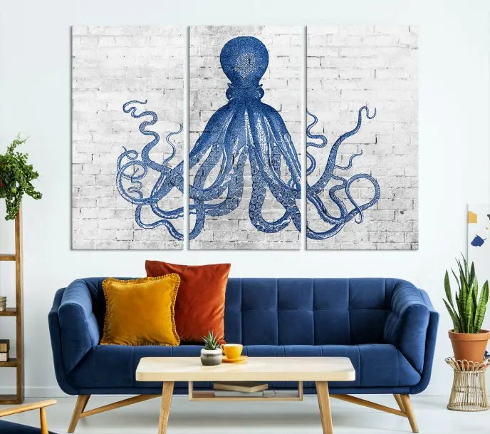 Living room showcasing the "Octopus with Brick Wall Background Abstract Wall Art Canvas Print" on gallery-wrapped canvas against a white brick wall with UV-protective coating for lasting vibrancy.