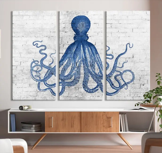 Living room showcasing the "Octopus with Brick Wall Background Abstract Wall Art Canvas Print" on gallery-wrapped canvas against a white brick wall with UV-protective coating for lasting vibrancy.