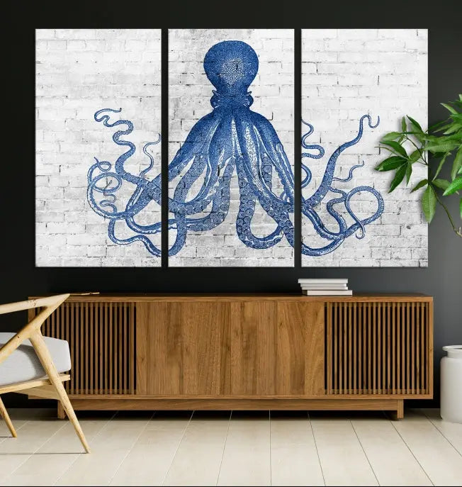 Living room showcasing the "Octopus with Brick Wall Background Abstract Wall Art Canvas Print" on gallery-wrapped canvas against a white brick wall with UV-protective coating for lasting vibrancy.