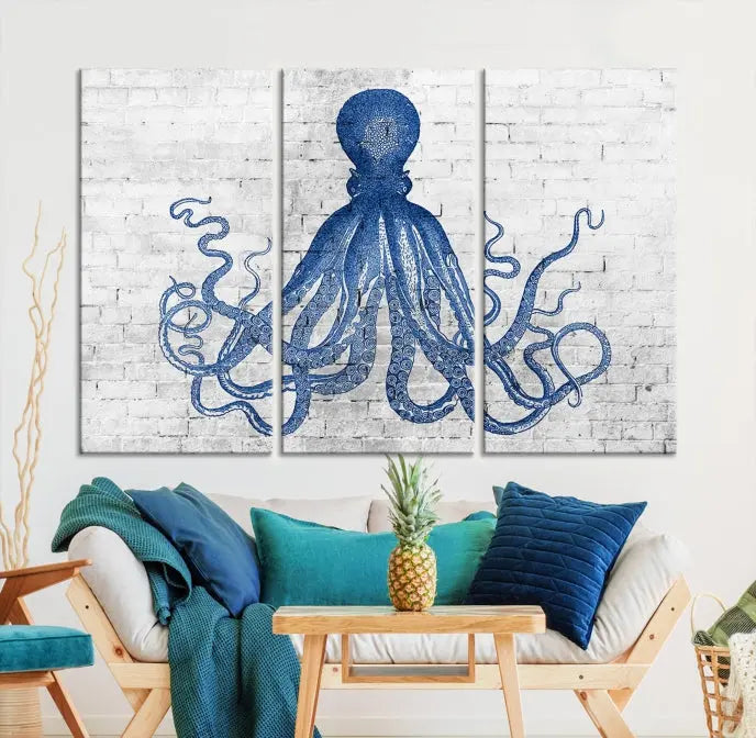 Living room showcasing the "Octopus with Brick Wall Background Abstract Wall Art Canvas Print" on gallery-wrapped canvas against a white brick wall with UV-protective coating for lasting vibrancy.