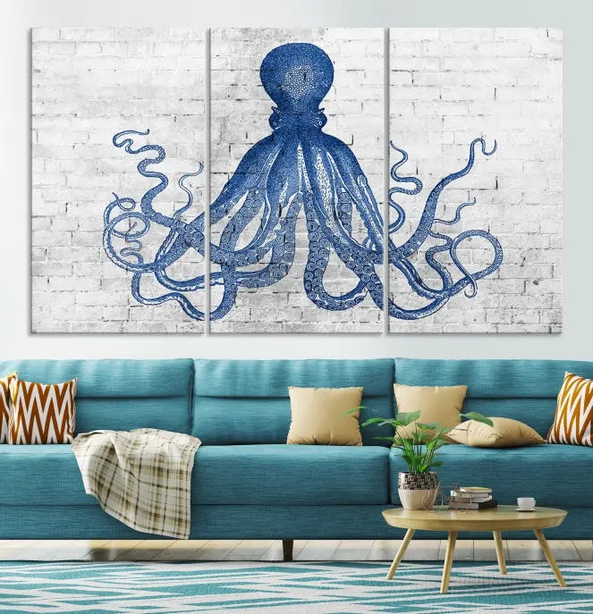 Living room showcasing the "Octopus with Brick Wall Background Abstract Wall Art Canvas Print" on gallery-wrapped canvas against a white brick wall with UV-protective coating for lasting vibrancy.