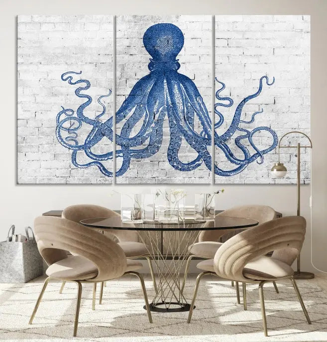 Living room showcasing the "Octopus with Brick Wall Background Abstract Wall Art Canvas Print" on gallery-wrapped canvas against a white brick wall with UV-protective coating for lasting vibrancy.