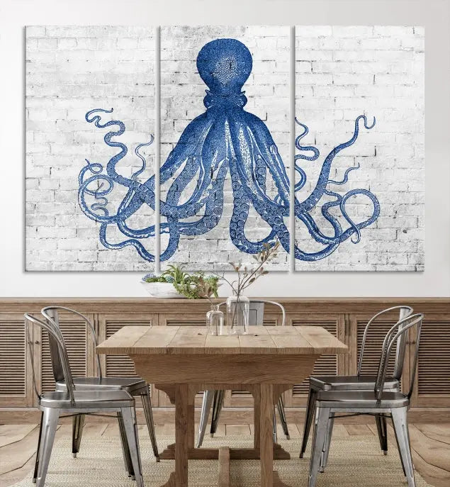 Living room showcasing the "Octopus with Brick Wall Background Abstract Wall Art Canvas Print" on gallery-wrapped canvas against a white brick wall with UV-protective coating for lasting vibrancy.