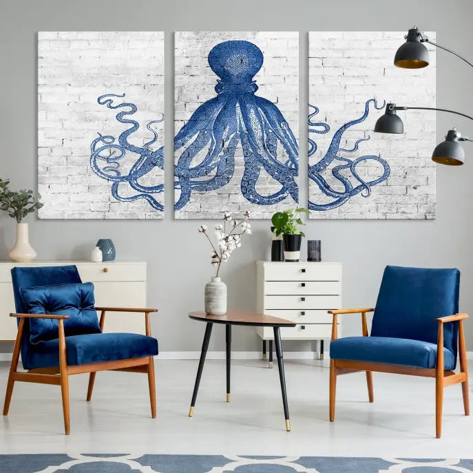 Living room showcasing the "Octopus with Brick Wall Background Abstract Wall Art Canvas Print" on gallery-wrapped canvas against a white brick wall with UV-protective coating for lasting vibrancy.