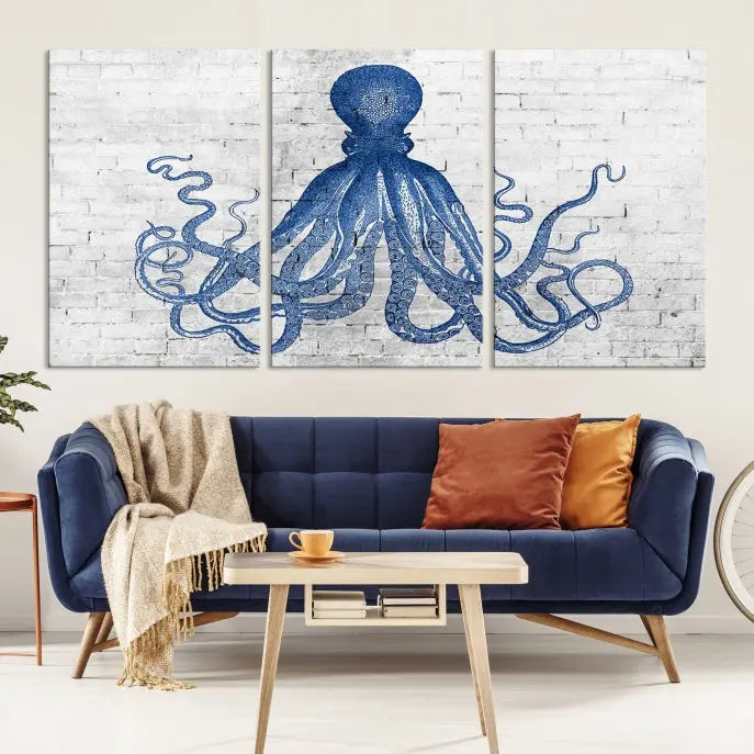 Living room showcasing the "Octopus with Brick Wall Background Abstract Wall Art Canvas Print" on gallery-wrapped canvas against a white brick wall with UV-protective coating for lasting vibrancy.