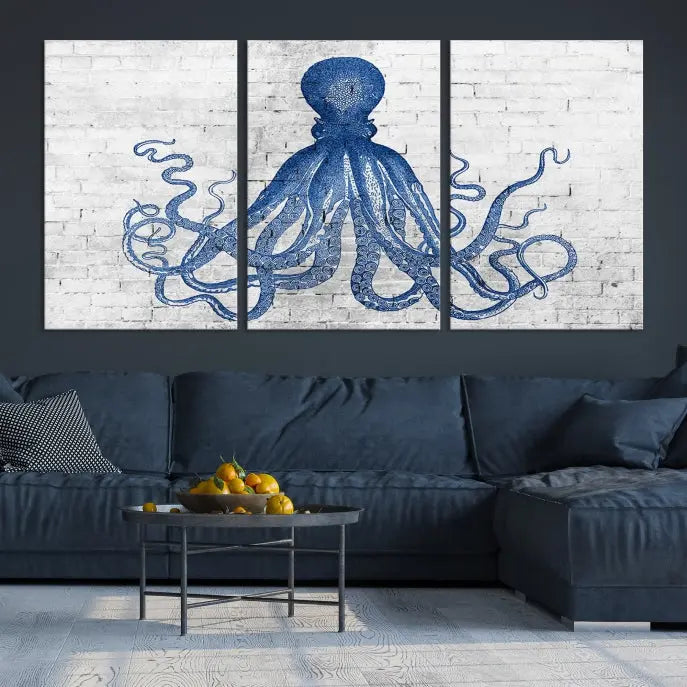 Living room showcasing the "Octopus with Brick Wall Background Abstract Wall Art Canvas Print" on gallery-wrapped canvas against a white brick wall with UV-protective coating for lasting vibrancy.