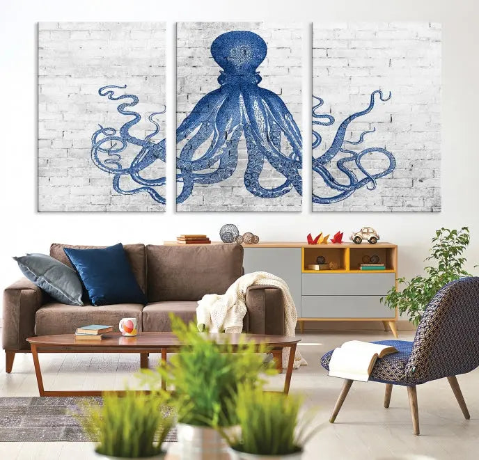 Living room showcasing the "Octopus with Brick Wall Background Abstract Wall Art Canvas Print" on gallery-wrapped canvas against a white brick wall with UV-protective coating for lasting vibrancy.